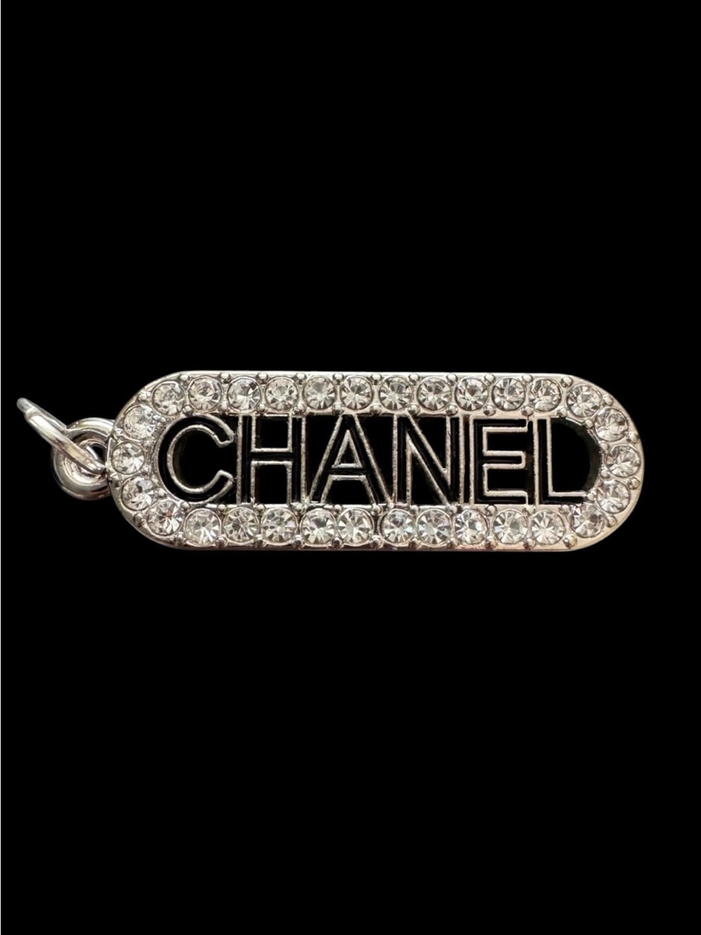 CHANEL Crystal Logo Charm Pendant SilverTone Rhinestone Bag Charm Made in France